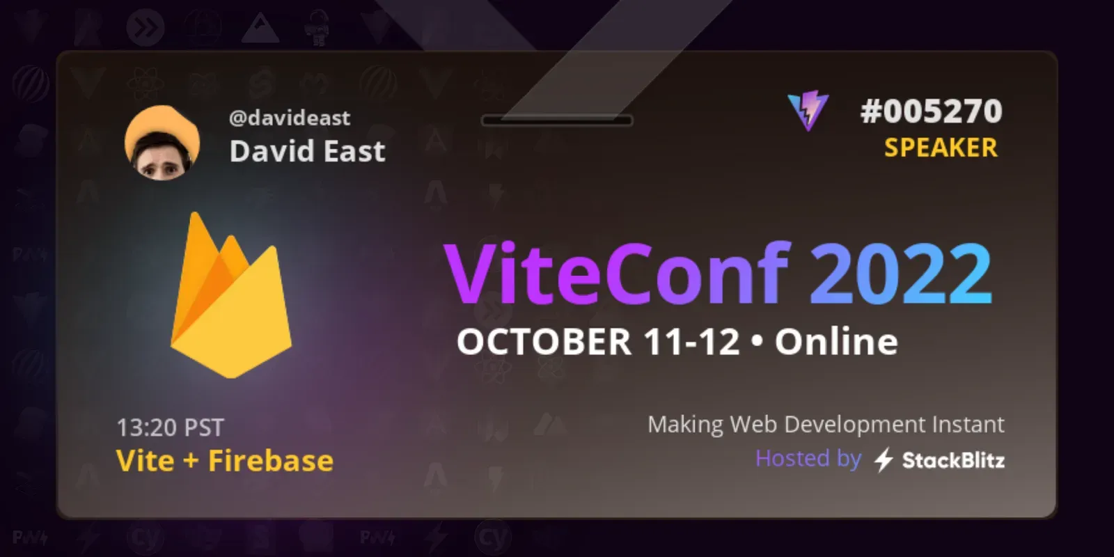 A ticket for ViteConf that features a picture of David East and the Firebase logo