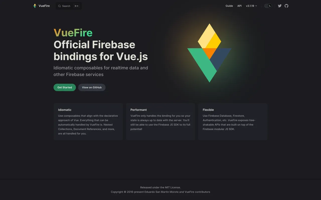 A screenshot of the Documentation Site for VueFire