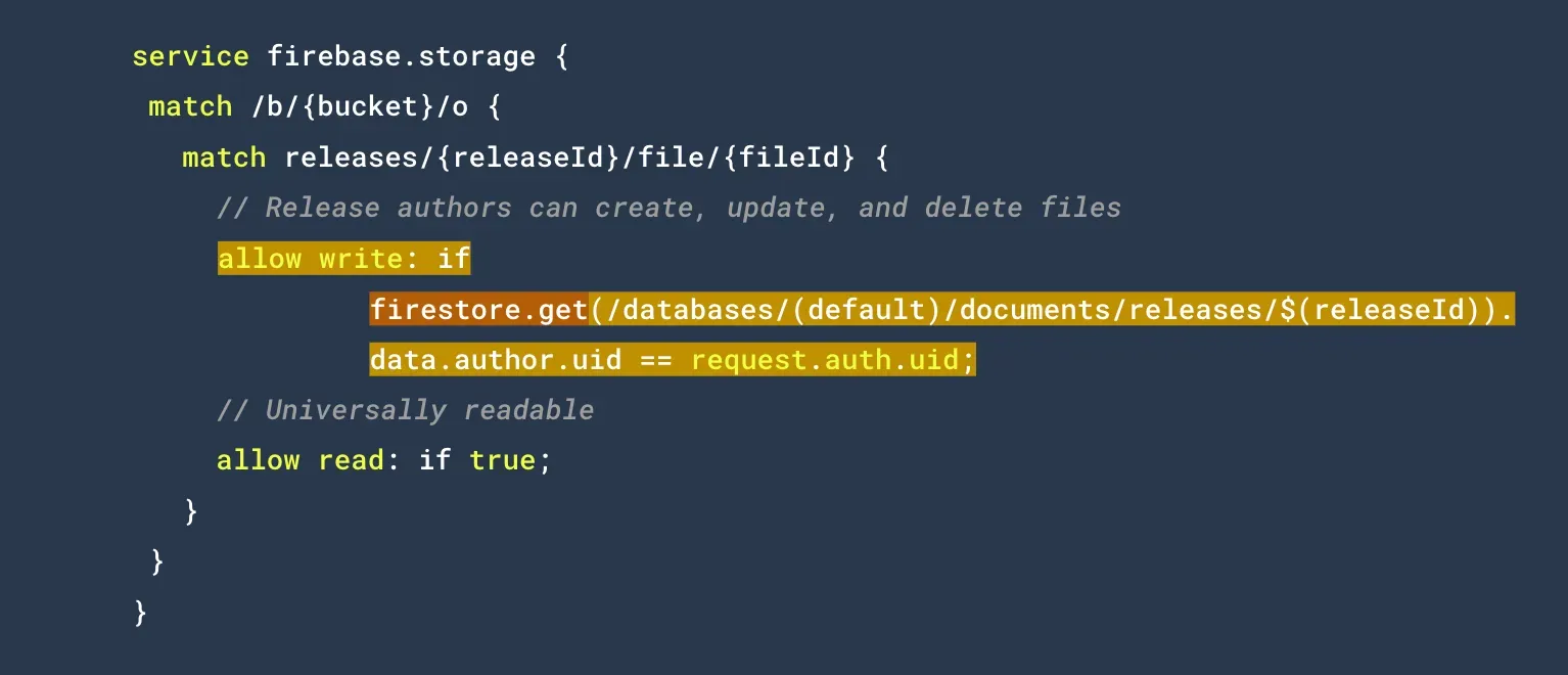 El nuevo método firestore.get en las reglas de seguridad de Cloud Storage para Firebase te permite configurar permisos basados en datos dentro de Firestore.