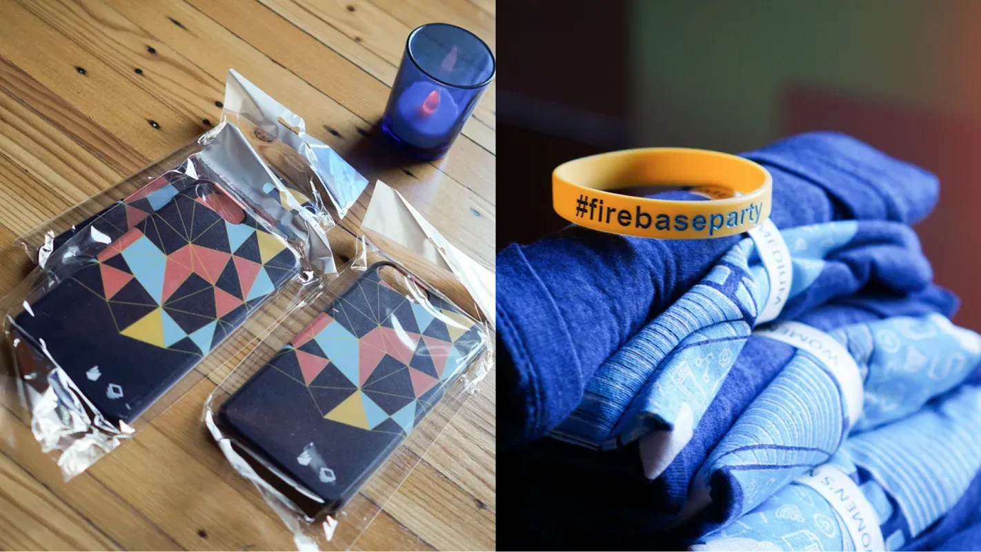 A yellow firebase band and blue firebase socks