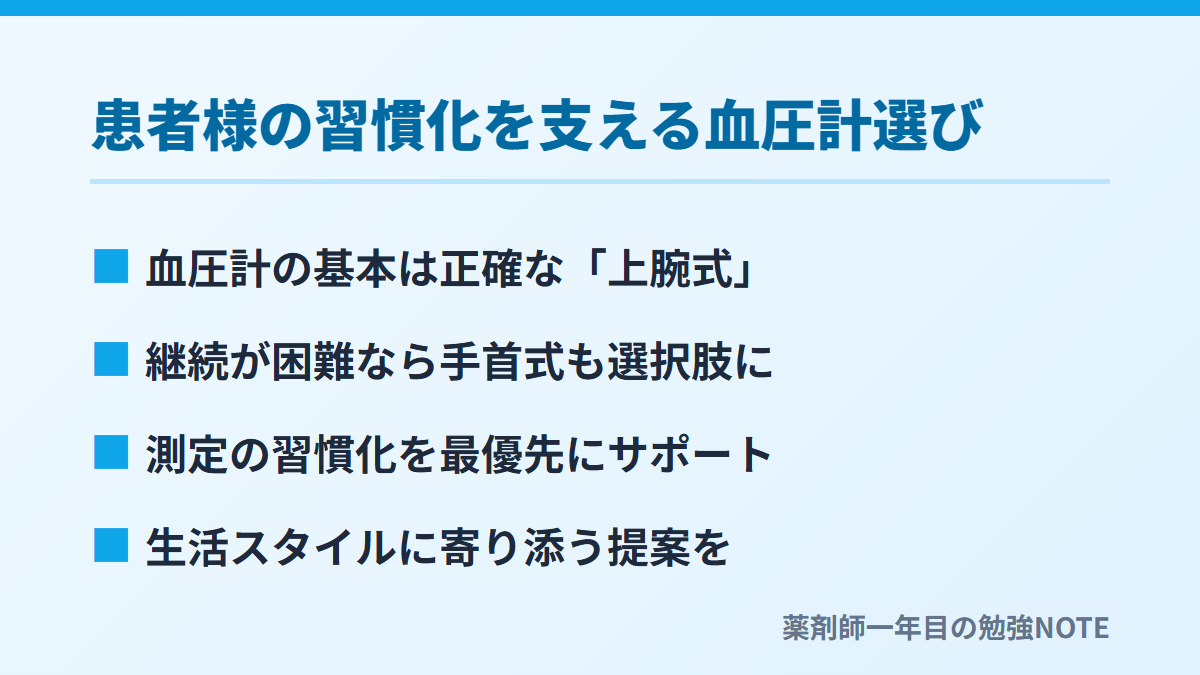 患者様の習慣化を支える血圧計選び