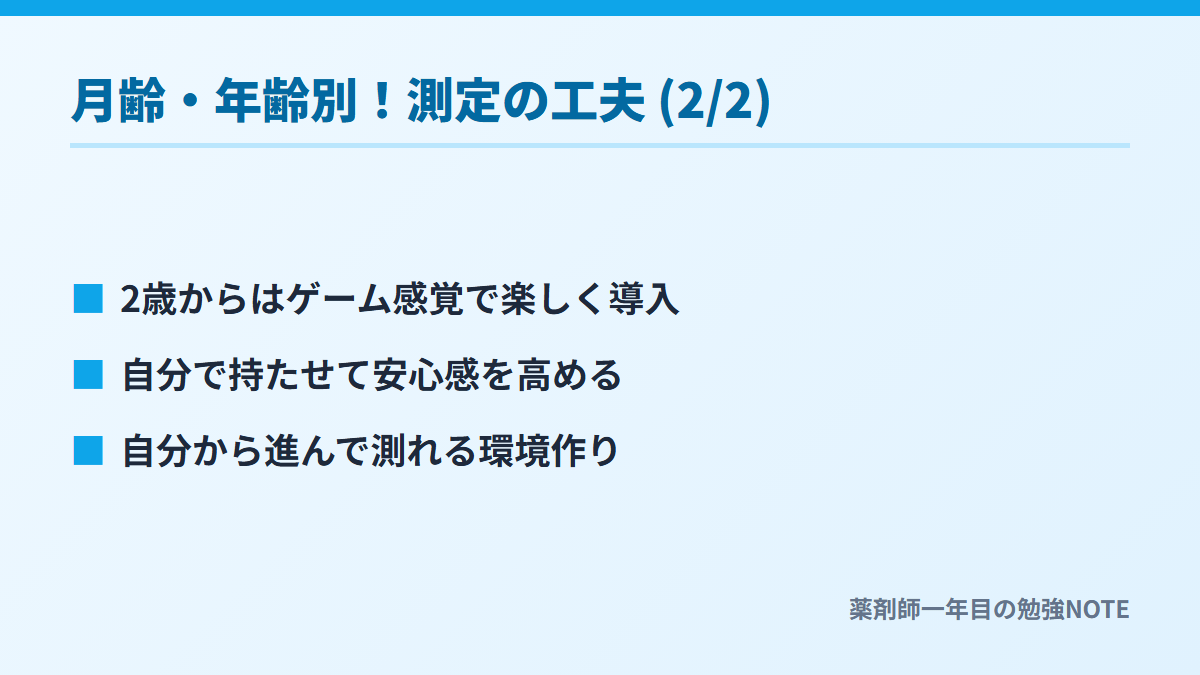 月齢・年齢別！測定の工夫 (2/2)