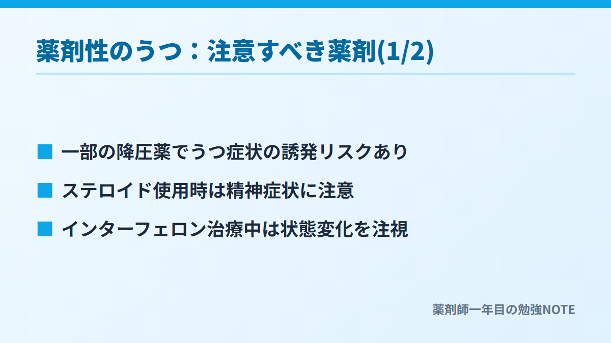 薬剤性のうつ：注意すべき薬剤(1/2)