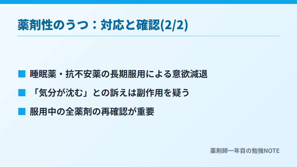 薬剤性のうつ：対応と確認(2/2)