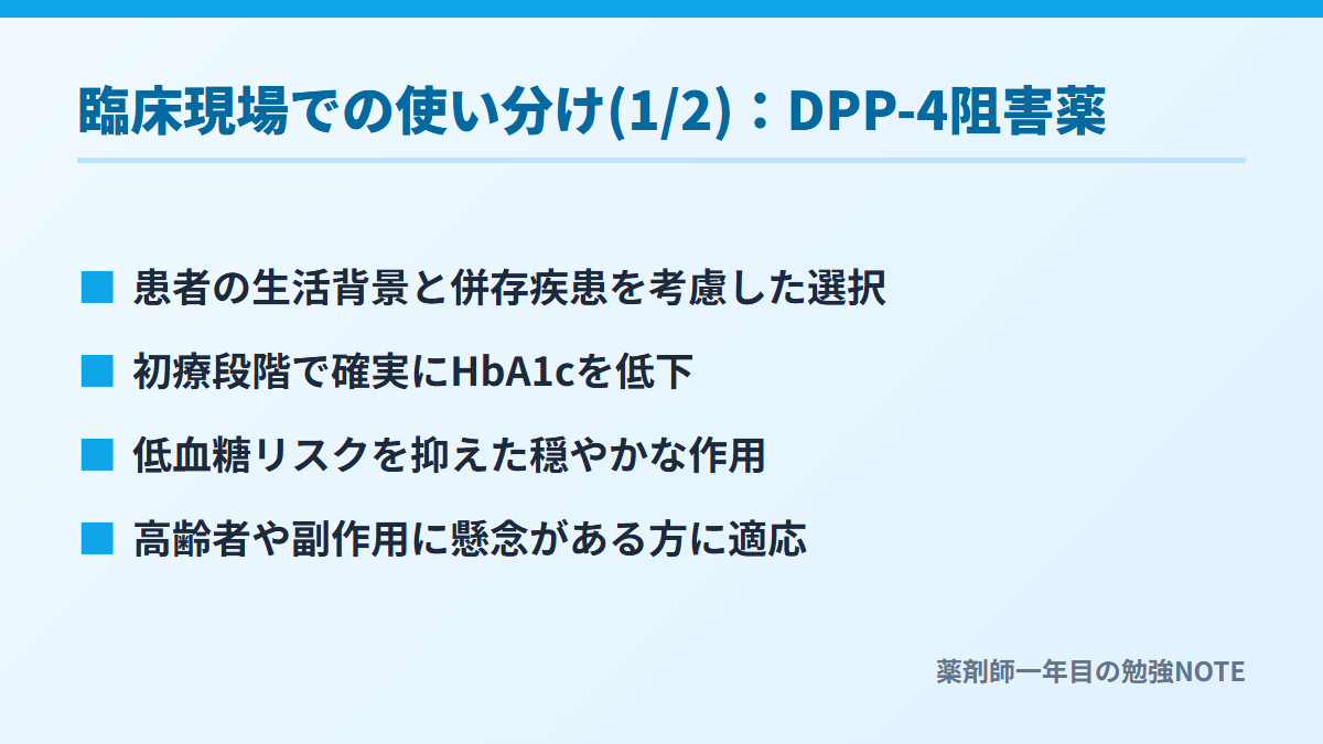 臨床現場での使い分け(1/2)：DPP-4阻害薬
