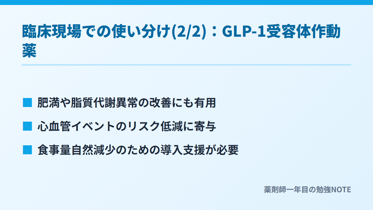臨床現場での使い分け(2/2)：GLP-1受容体作動薬