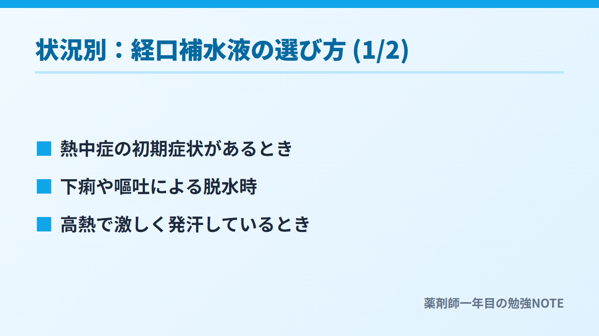 状況別：経口補水液の選び方 (1/2)