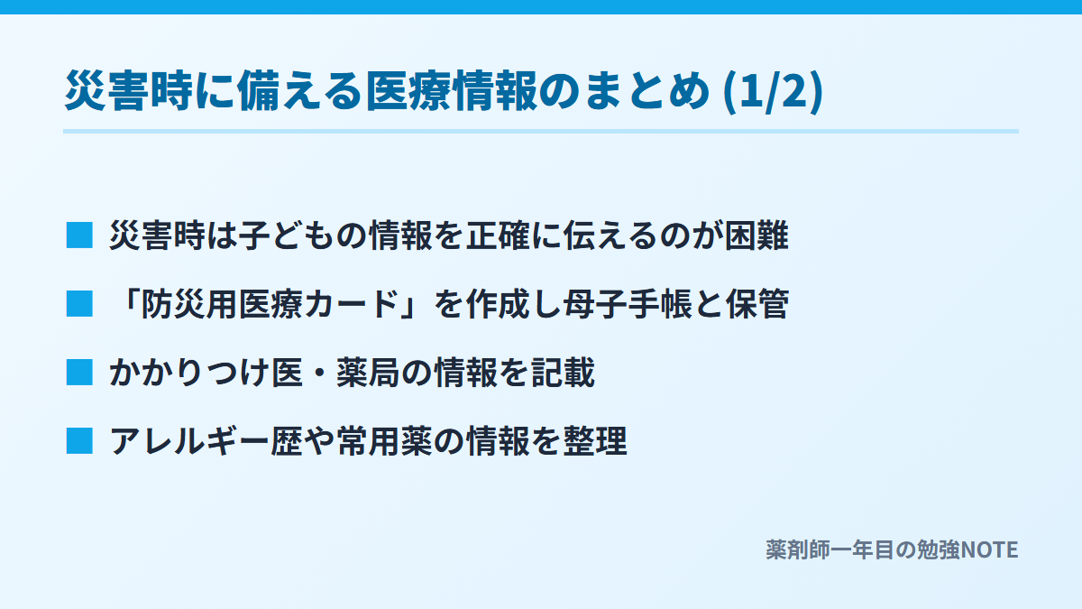 災害時に備える医療情報のまとめ (1/2)