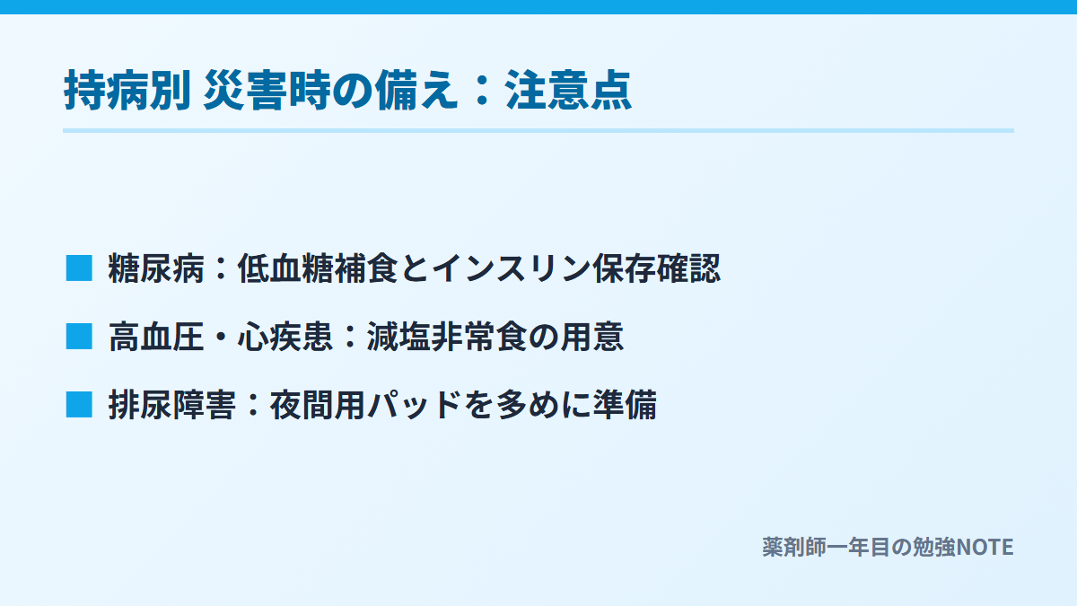 持病別 災害時の備え：注意点