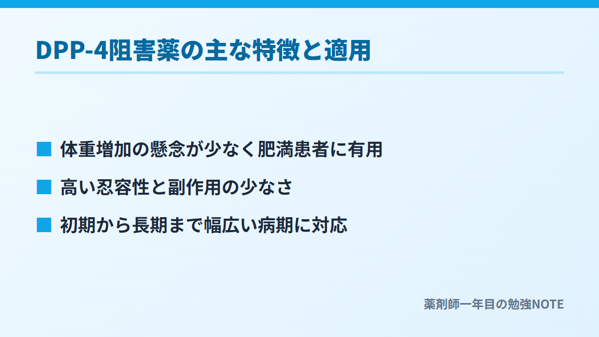 DPP-4阻害薬の主な特徴と適用