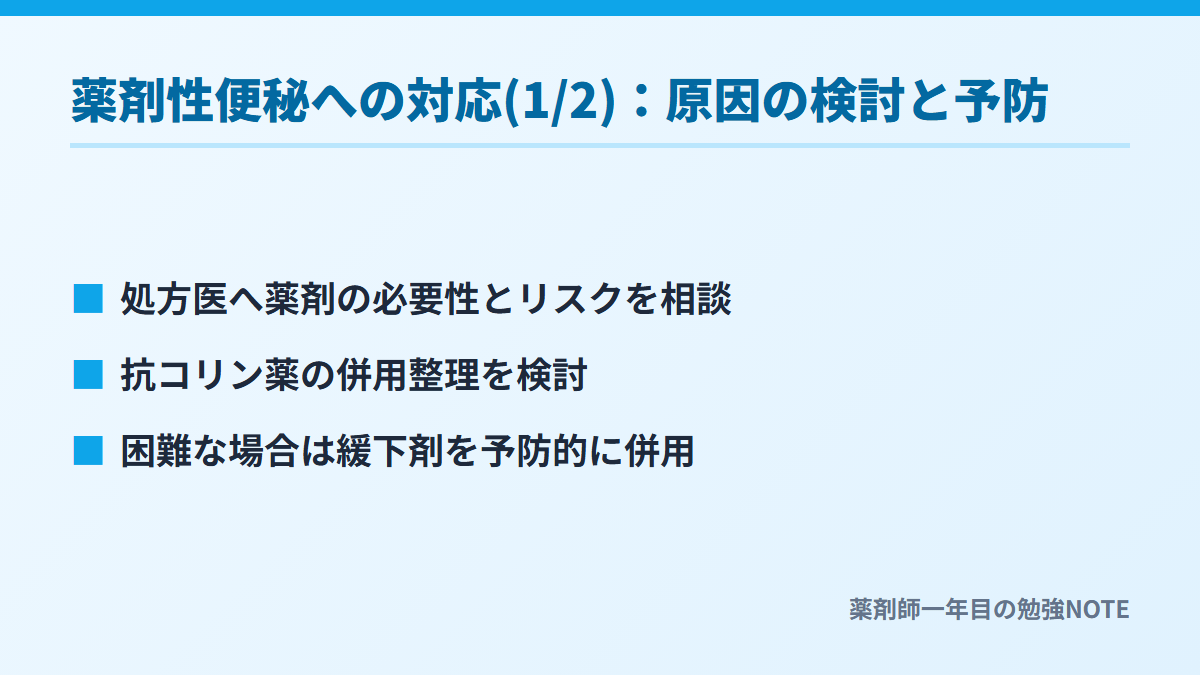 薬剤性便秘への対応(1/2)：原因の検討と予防