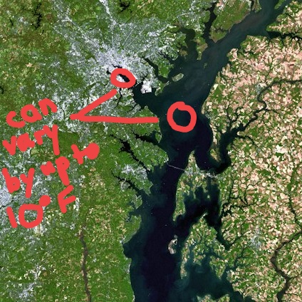 Temperature difference between Baltimore Harbor and Chesapeake Bay mainstem