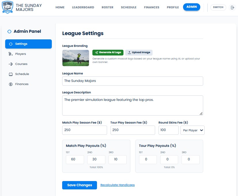 Golf league admin dashboard showing setup, roster management, and commissioner tools