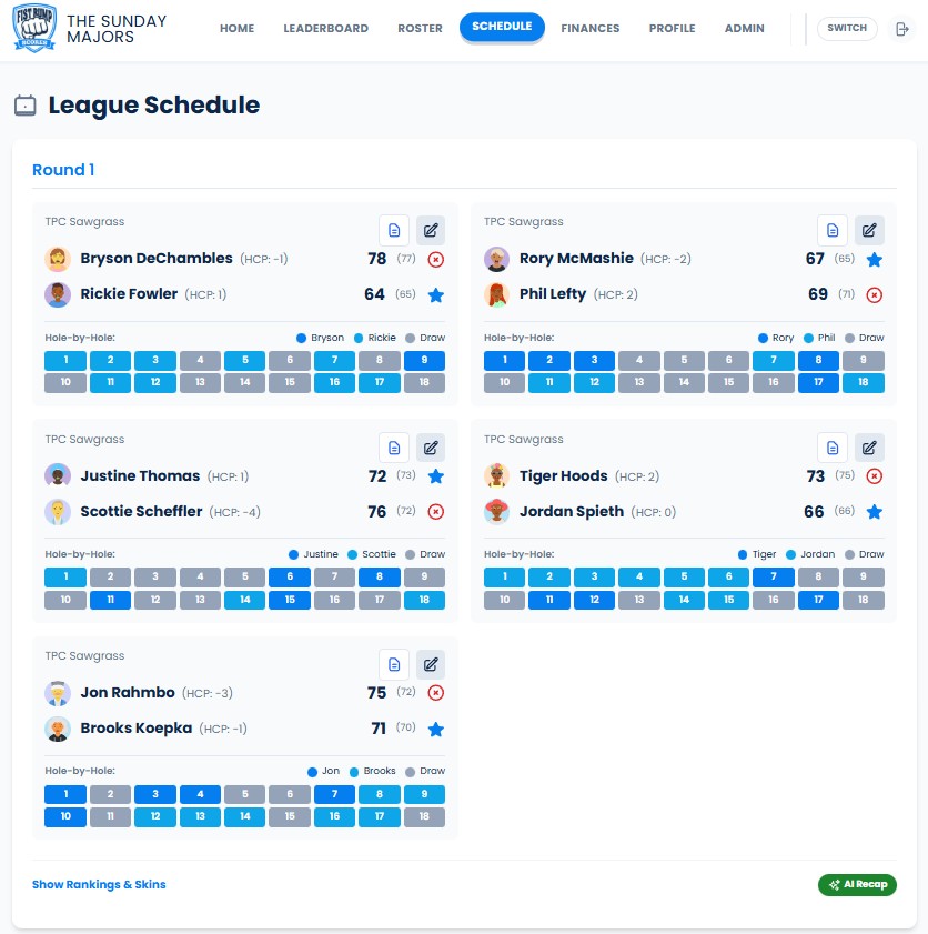 Golf league schedule showing round results, matchups, and season standings