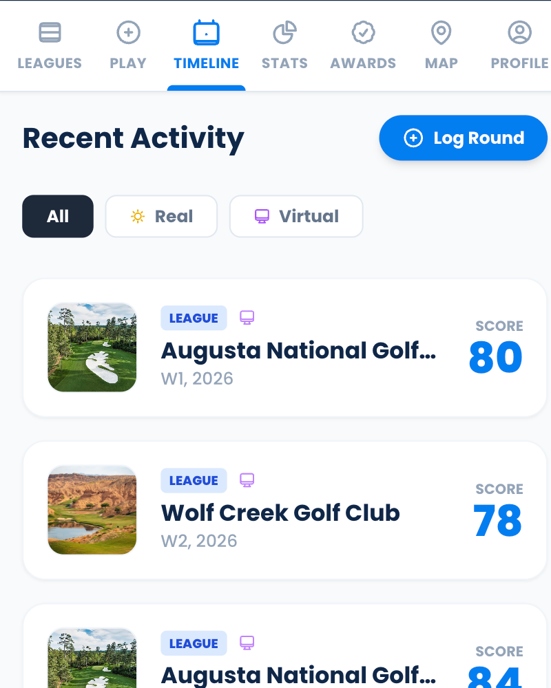 Golf journey timeline showing rounds, achievements, and progress