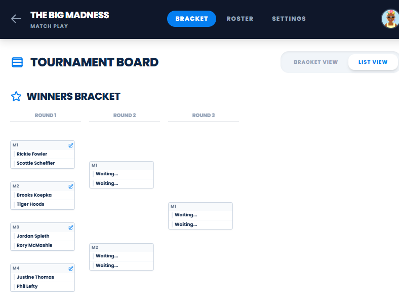 Golf tournament elimination bracket with match progression
