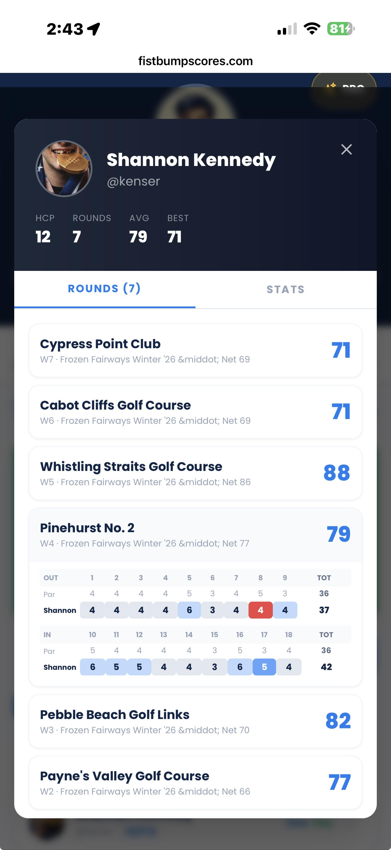 Friend profile with head-to-head stats, scorecards, and golf achievements