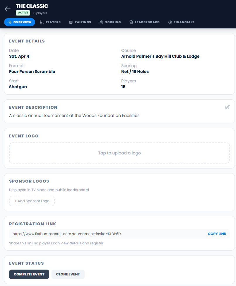 Multi-round golf tournament dashboard with cumulative leaderboard