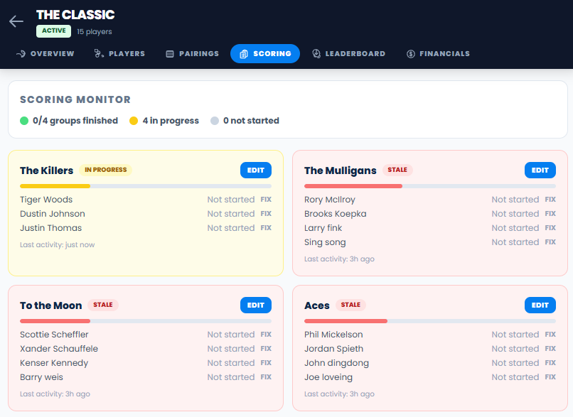Tournament live scoring interface on mobile