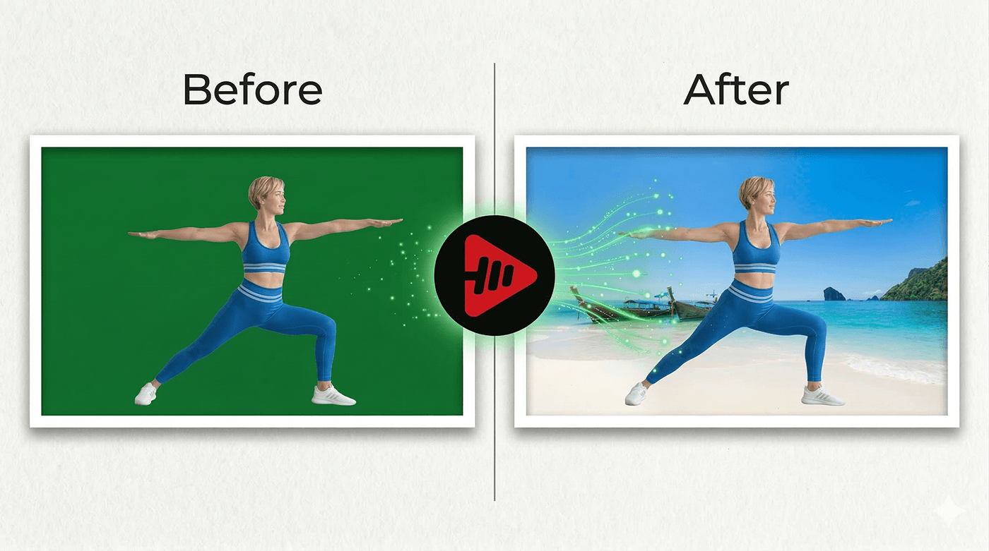 Fit Cut Pro green screen removal - before and after exercise clip with background replaced