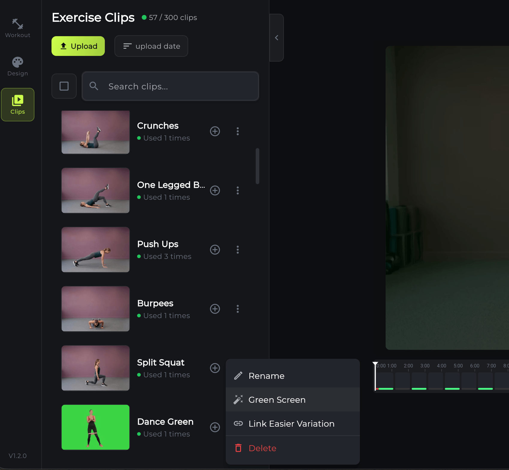 Fit Cut Pro clips gallery showing three-dot menu with Green Screen option highlighted