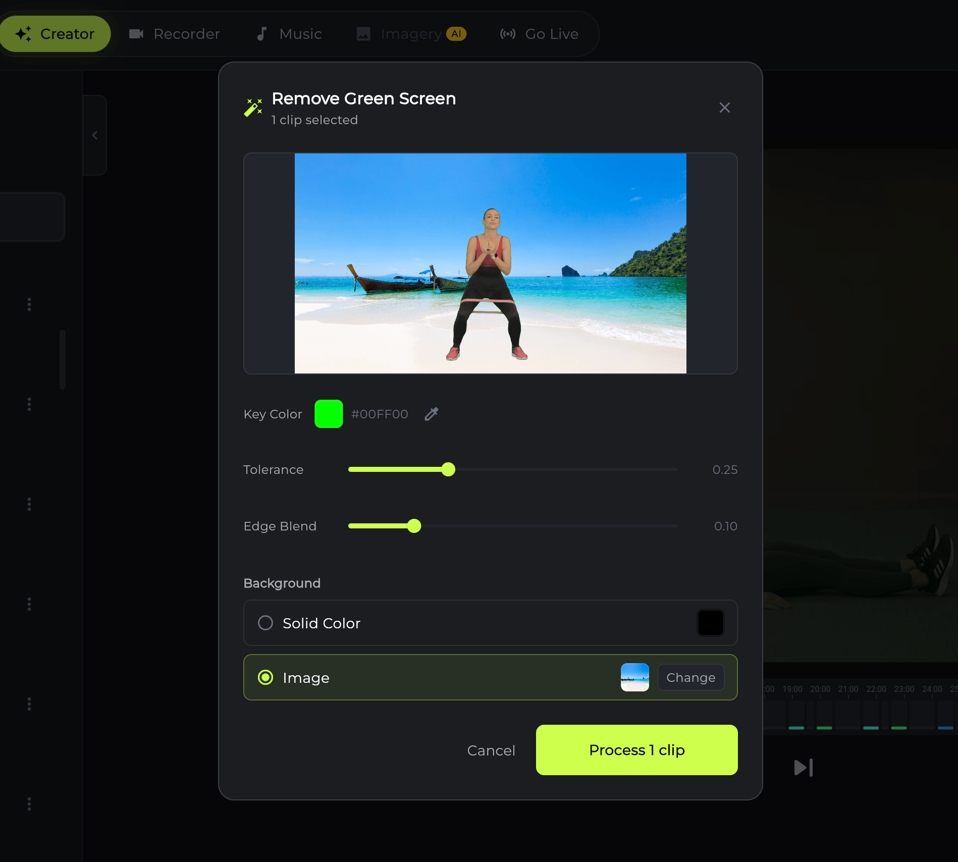 Fit Cut Pro green screen editor showing background color picker, custom image upload, and process button