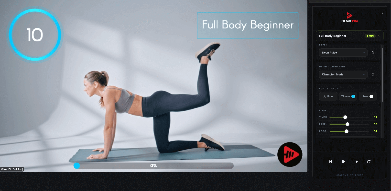 Fit Cut Pro showing processed exercise clips used in workout recording with clean backgrounds