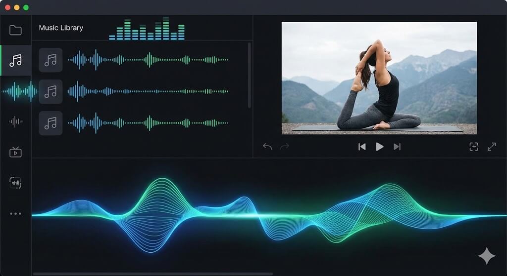 Licensed music library for workout videos with mood-based tracks and volume mixing controls
