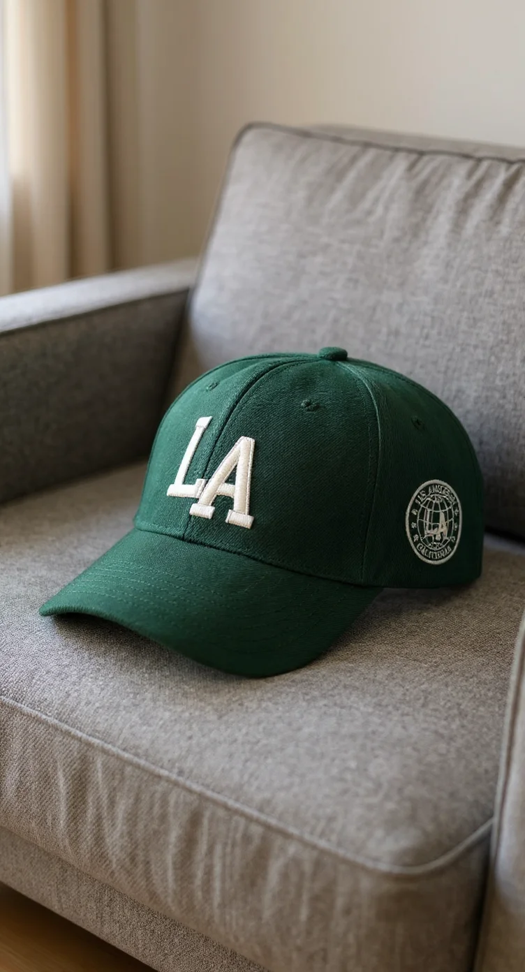 A professional product photography shot of a dark green baseball cap with white embroidered "LA" letters on a gray couch. The cap is positioned in the center of the frame, resting on the cushion of a modern upholstered chair. The cap has a curved brim and features a circular patch on the side with a globe design. The image has a shallow depth of field, with the background slightly blurred. The lighting is soft and natural, creating subtle shadows beneath the cap. The gray couch fabric has visible texture and stitching details. The composition is shot from a slightly elevated angle, with the cap taking up approximately one-third of the frame.