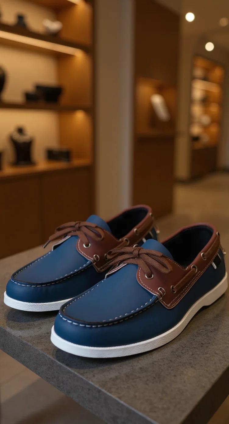 A product photography shot of a pair of navy blue and brown leather boat shoes positioned on a dark gray stone surface. The shoes feature brown leather accents on the toe cap, quarter panels, and laces. The shoes have a classic two-eyelet design with brown leather laces threaded through metal eyelets. The sole is white rubber with a traditional boat shoe construction. The background shows a retail display with wooden shelving units illuminated by warm LED lighting. The shelving contains various retail merchandise and decorative items. The image has a shallow depth of field with the shoes in sharp focus and a softly blurred background. The lighting creates subtle shadows beneath the shoes and highlights the leather's texture and sheen.