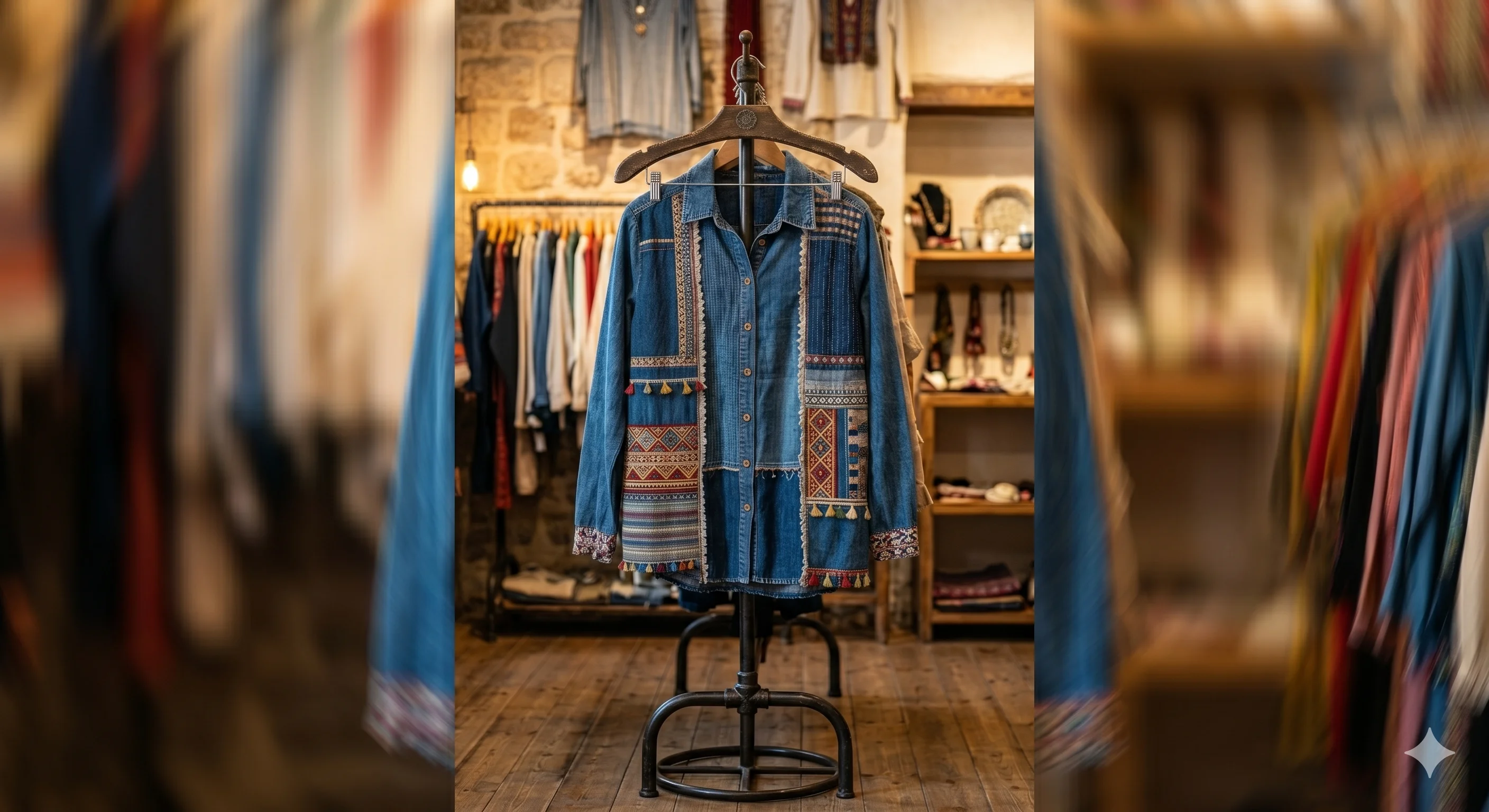 A vintage-style denim jacket with intricate tribal embroidery patterns displayed on a black metal clothing stand in a retail boutique setting. The jacket features detailed geometric patterns in red, white, and beige thread work along the collar, sleeves, and bottom hem. The embroidery has a Southwestern or ethnic design aesthetic with tasseled details at the bottom. The jacket is hanging on a wooden hanger against a backdrop of wooden shelving containing various merchandise. The floor is made of polished wooden planks, and the lighting creates a warm, vintage ambiance. The image has a shallow depth of field with the edges of the frame showing a soft blur effect. The background shelving contains multiple clothing items and accessories, though they are slightly out of focus. The overall color palette consists of rich blues from the denim, warm browns from the wood elements, and pops of red and beige from the embroidery work.