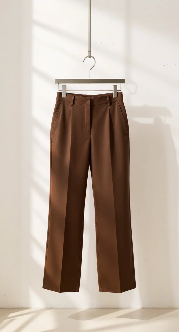 A product photography shot of brown cropped dress pants hanging on a silver metal hanger against a plain white wall. The pants are made of a smooth, solid-colored fabric with a slight sheen. They feature a tailored cut with pleats, front pockets, and a cropped length ending above the ankle. The pants are suspended from a simple metal rod, casting subtle shadows on the white wall behind them. Natural lighting from an unseen source creates soft shadows and highlights the fabric's texture. The image has a minimalist, clean aesthetic with the pants centered in the frame. The pants are photographed in a straight-on, front-facing view, displaying their full length and construction details.