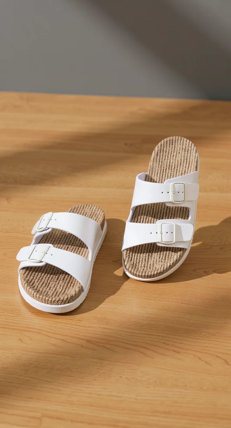 A product photograph of white leather sandals on a light wooden surface with visible wood grain texture. The sandals have three wide straps and white buckles on each sandal. The sole is made of natural jute material with a striped pattern. The sandals are positioned at a slight angle on the wooden surface, casting soft shadows. The background is a solid light gray color. The image has a clean, minimalist composition with natural lighting that highlights the texture of both the sandals and the wooden surface. The sandals are photographed from a top-down perspective, showing both shoes placed side by side.