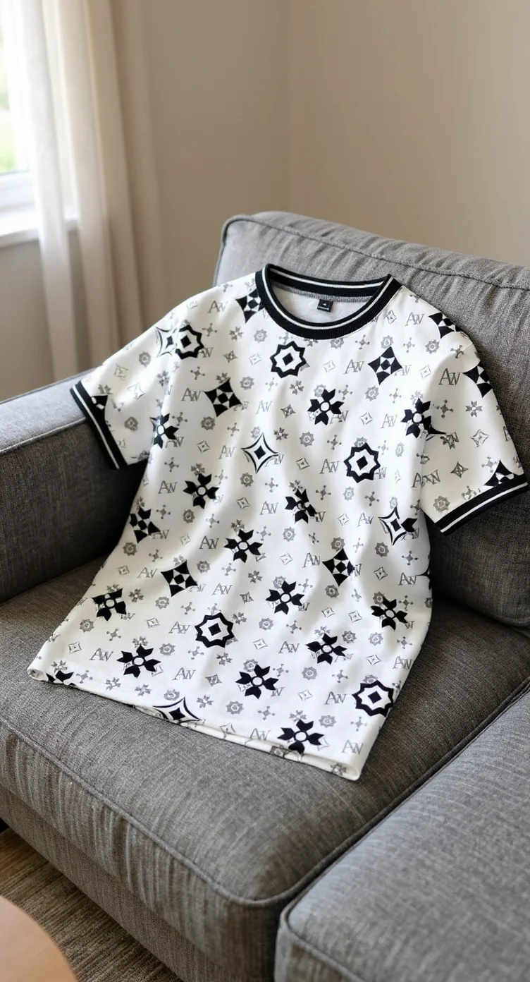A white t-shirt with a black and white geometric pattern displayed on a gray fabric armchair. The pattern consists of repeating star-like shapes, small floral motifs, and abstract geometric designs scattered across the entire shirt. The t-shirt has a black crew neckline and black trim around the sleeves. The shirt is laid flat on the seat cushion of a modern gray upholstered armchair. The chair has visible seams and padding. A window with white trim is partially visible in the background, letting in natural light. The image is shot from a slightly elevated angle, showing the full front of the shirt against the textured gray fabric of the chair.