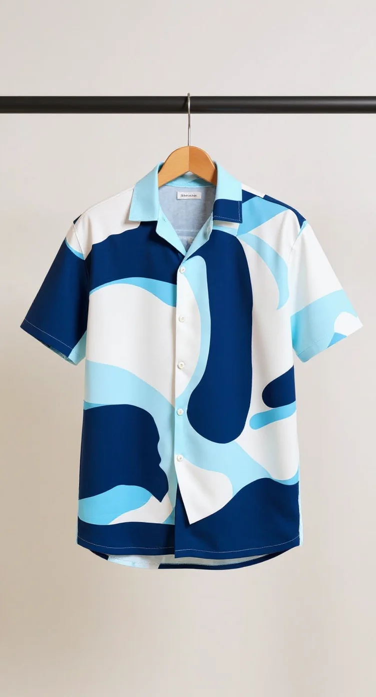 A short-sleeved button-up shirt hanging on a wooden hanger against a plain white wall. The shirt features a bold abstract pattern in navy blue, light blue, and white colors. The design consists of flowing, curved shapes that create a modern, artistic print across the fabric. The shirt has a pointed collar, button placket, and short sleeves. The pattern shows large curved navy blue shapes alternating with light blue and white organic forms. The shirt is made of a smooth, cotton-like material. The wooden hanger has a natural brown finish and a metal hook. The shirt is photographed straight-on against the stark white wall background, creating a clean, minimalist product shot.