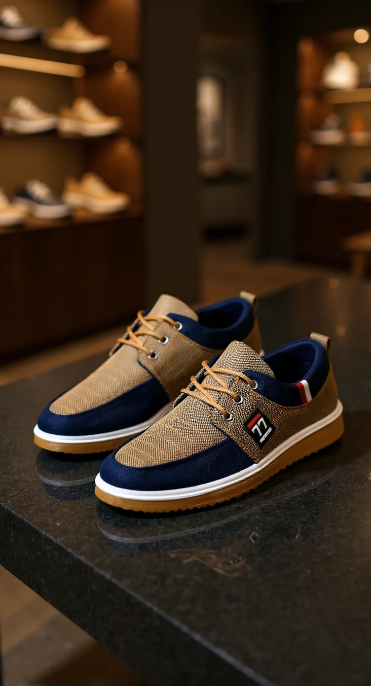 A product photography shot of a pair of casual shoes on a dark granite surface. The shoes are two-toned, featuring tan burlap upper material on the toe and heel, with navy blue suede panels on the sides and tongue. The shoes have tan laces threaded through navy blue eyelets. The sole is two-toned with a white midsole and gum-colored rubber bottom. A small red and white logo patch is visible on the side of the shoe. The background shows a blurred shoe store interior with wooden shelving displaying additional footwear. The lighting is warm and professional, creating subtle reflections on the polished surface of the counter. The shoes are positioned at a slight angle, with the right shoe slightly behind the left, creating depth in the composition.