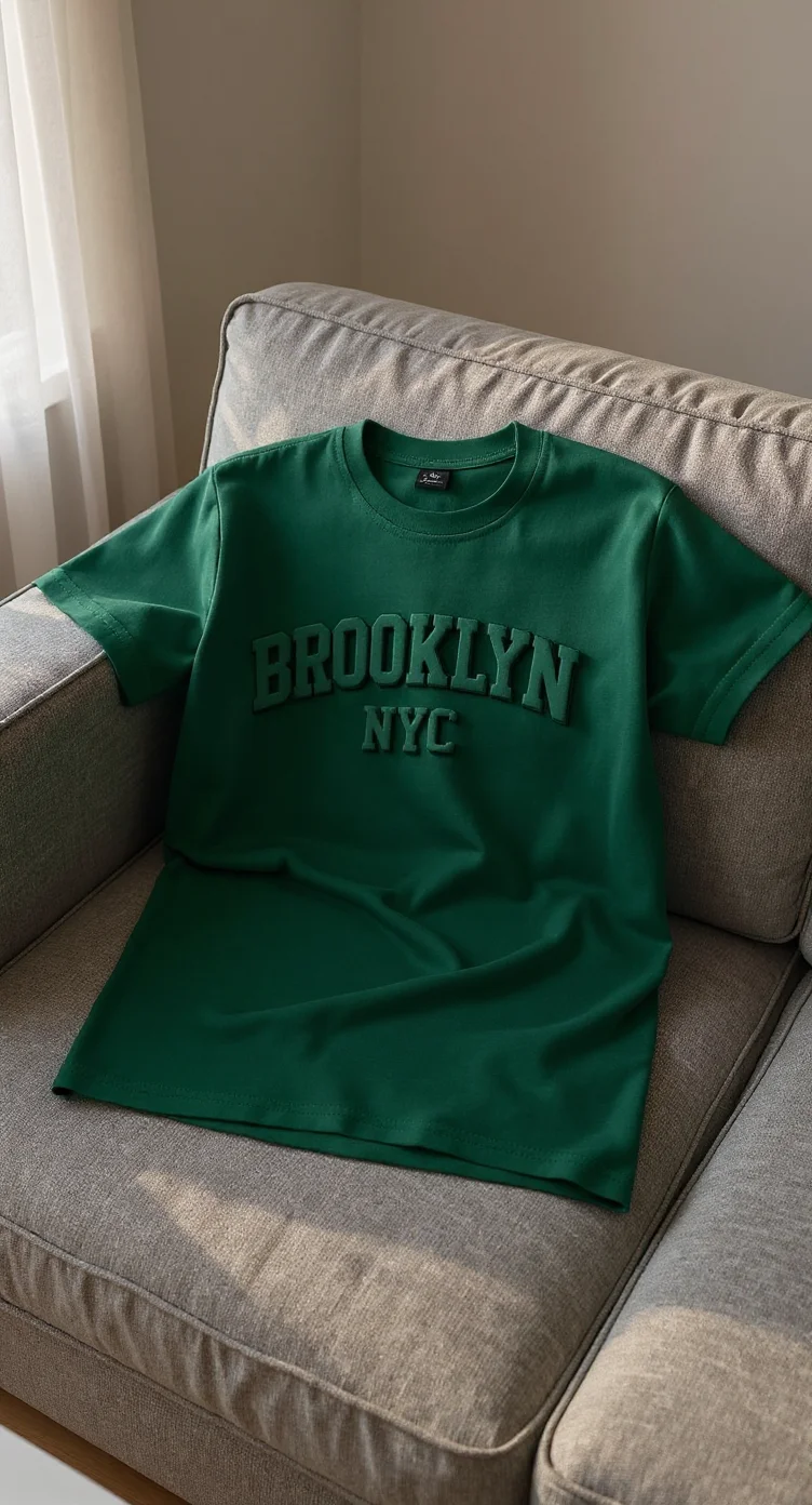 A green t-shirt with "BROOKLYN NYC" text printed in dark green letters laying flat on a light gray upholstered armchair. The t-shirt is made of cotton material and has a classic crew neck design. The chair has visible cushioning and a textured fabric finish. A white sheer curtain is partially visible in the background, allowing natural light to filter through. The lighting creates subtle shadows beneath the t-shirt on the chair's surface. The image is shot from a slightly elevated angle, capturing the full length of the t-shirt on the chair's seat cushion.