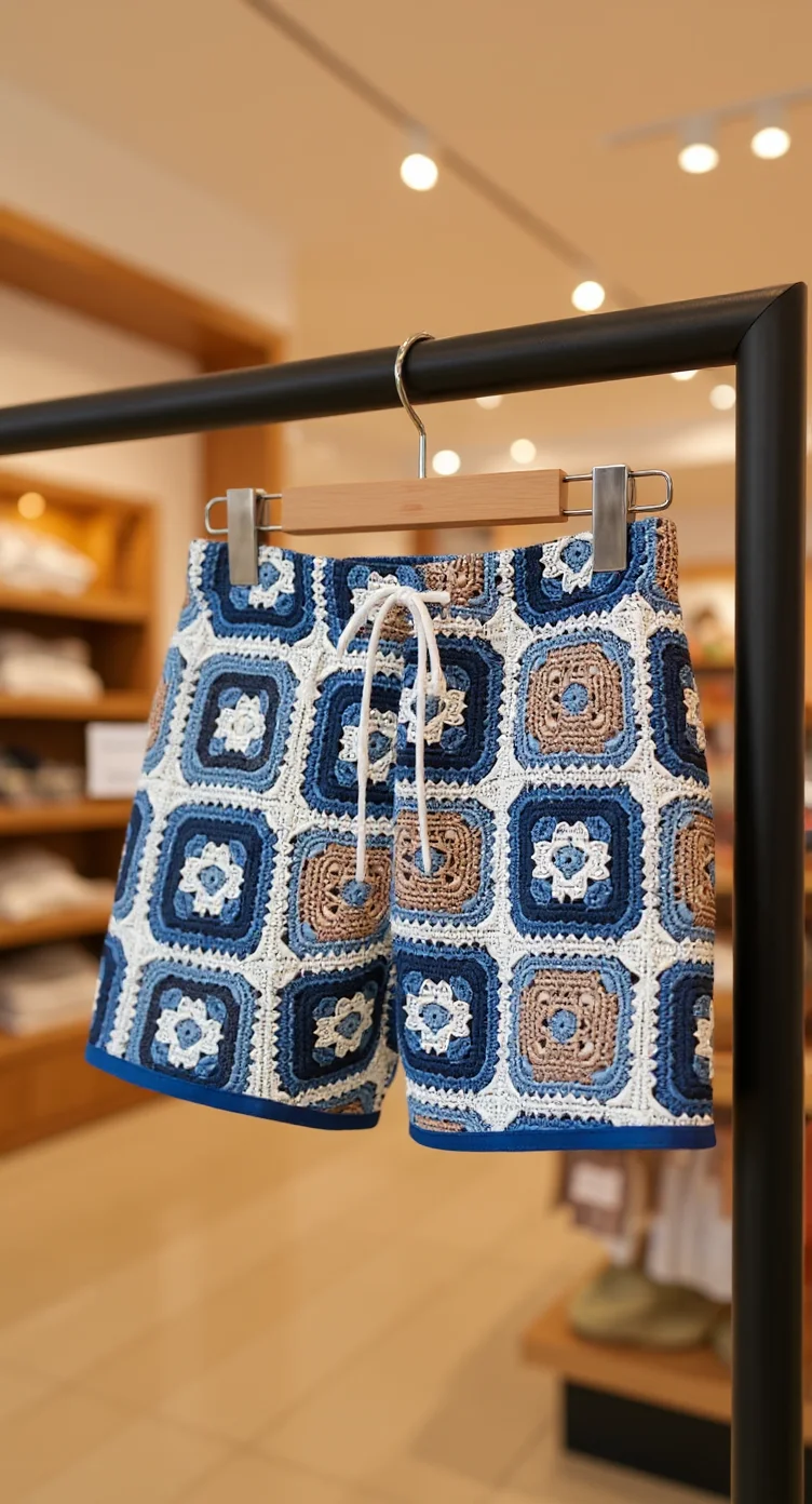 A pair of handmade crochet shorts hanging on a black clothing rack in a retail store. The shorts feature a repeating pattern of granny square motifs in blue, white, and tan colors. Each square contains a small white flower design in the center. The shorts have an elastic drawstring waistband with white cord. The shorts are made from a thick cotton yarn. The background shows a retail store setting with warm lighting from recessed ceiling lights and wooden shelving units partially visible and out of focus. The shorts are displayed against a beige wall, and the image is shot from a slight downward angle.