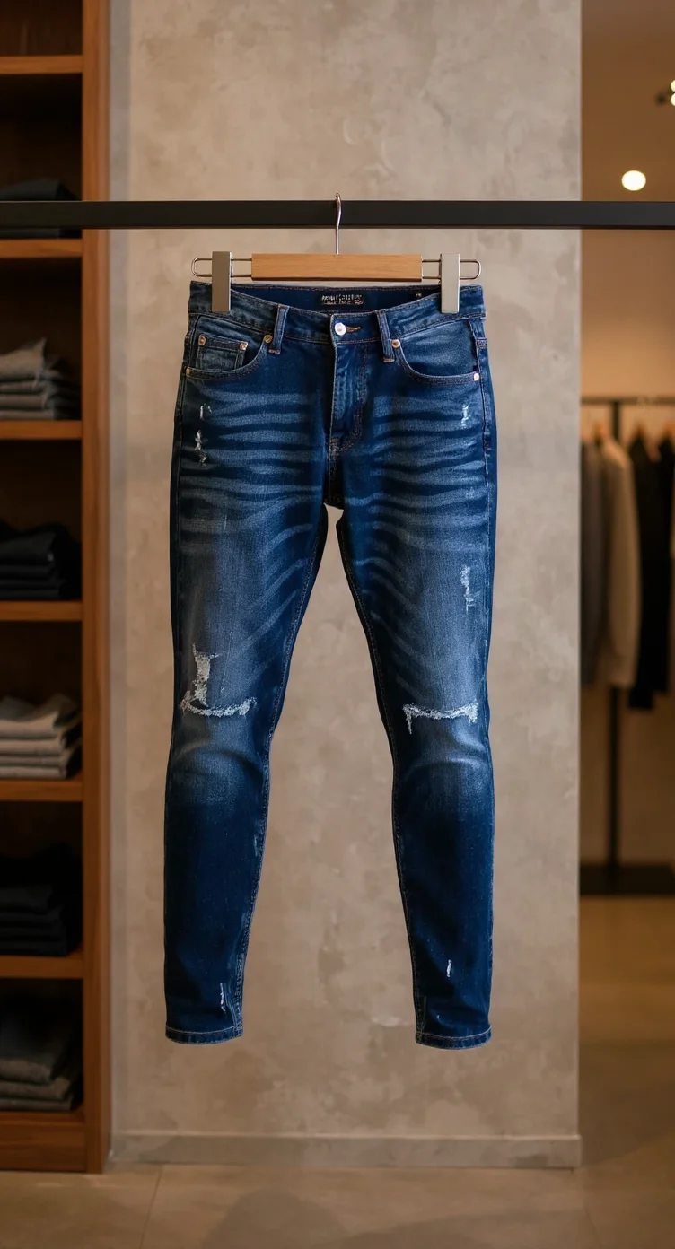 A product photography shot of distressed dark blue denim jeans hanging on a wooden hanger against a light gray concrete wall. The jeans are slim-fit with a tapered leg, featuring deliberate rips and distressing at the knees. The denim has a deep blue wash with lighter fading effects on the thighs and seat. The jeans are displayed in a retail setting with wooden shelving visible on the left side of the frame, containing folded dark clothing items. The background has warm ambient lighting from ceiling-mounted spotlights, creating subtle shadows on the concrete wall. The jeans are photographed from a straight-on perspective, showing the full length of the garment from waist to ankle. The wooden hanger has a natural finish and a metal hook at the top.
