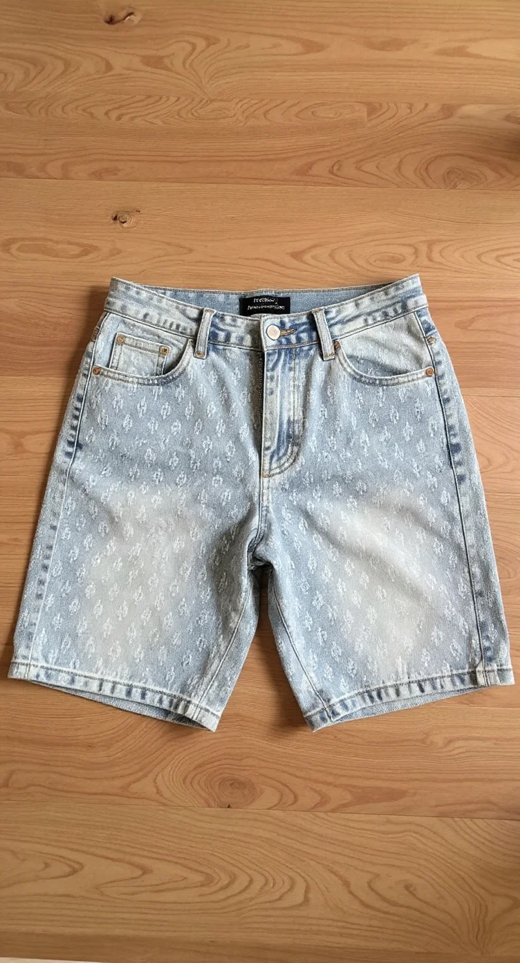 A pair of light blue denim shorts photographed on a light brown wooden surface with visible wood grain patterns. The shorts feature an all-over small diamond pattern embroidered across the entire surface. The shorts have a relaxed, loose fit with a mid-thigh length cut. They have traditional five-pocket styling with visible metal rivets at the pocket corners. The waistband has belt loops and a button closure with a zipper fly. The denim has a vintage, worn look with subtle fading effects. The wooden background shows natural wood grain patterns running horizontally across the frame. The lighting is even and natural, casting minimal shadows beneath the shorts.