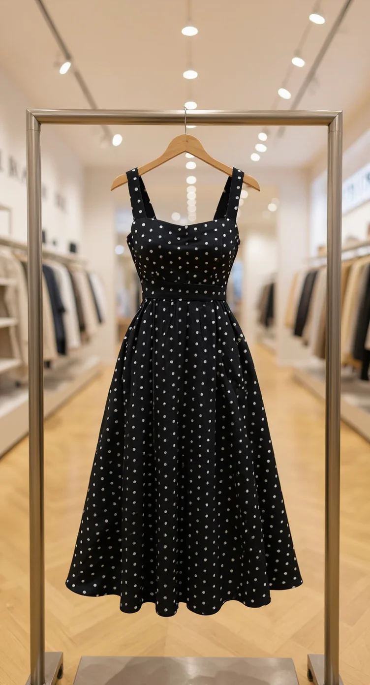 A vintage-style black polka dot dress hanging on a wooden hanger in a retail clothing store. The dress features a full A-line skirt that extends to knee length, thin shoulder straps, and a fitted bodice. The polka dots are evenly spaced white dots on a black background. The dress is displayed on a silver metal clothing rack in a well-lit retail space. The background shows a hardwood floor with a herringbone pattern and white walls with track lighting mounted on the ceiling, creating a warm, retail atmosphere. Multiple clothing racks with other garments are visible but out of focus in the background. The dress is perfectly centered in the frame and photographed from a straight-on perspective.