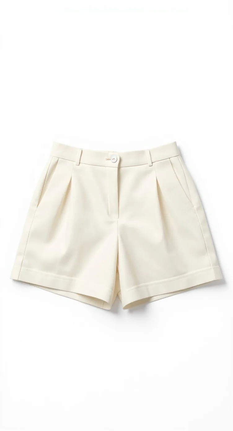 A product photo of cream-colored tailored shorts against a pure white background. The shorts feature a high waist with a single button closure and belt loops. The shorts have a clean, pressed appearance with visible pleats on the front and side pockets. The hem falls at mid-thigh length. The shorts are photographed flat and centered in the frame, with soft, even lighting that highlights the fabric's texture. The image has a minimalist, high-fashion product photography style with no shadows or additional decorative elements.