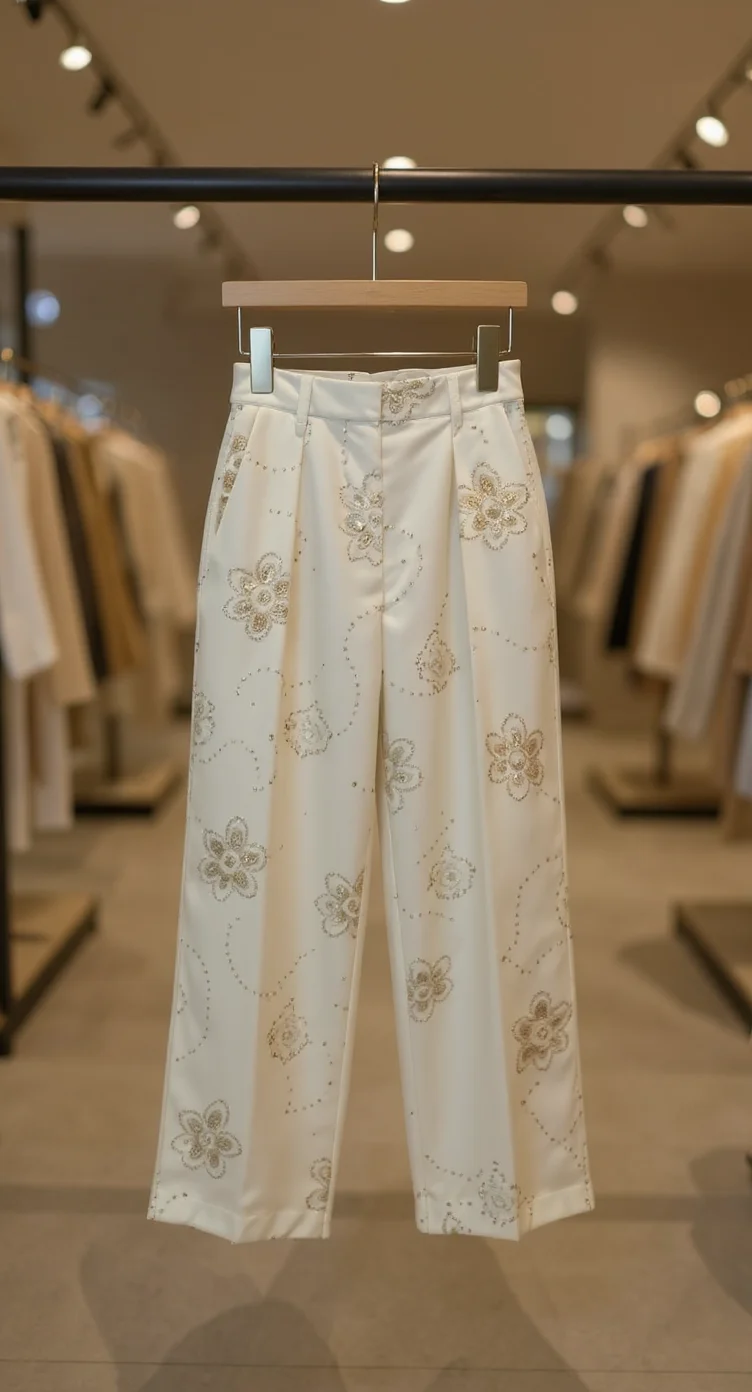 A high-end retail clothing store display featuring a pair of cream-colored wide-leg pants hanging on a wooden hanger with metal clips. The pants have an elegant floral pattern in light beige with dotted lines connecting the flowers in a decorative swirl pattern. The pants are made of a lightweight, flowing fabric with visible pleats down the front. The store's interior has track lighting with small round spotlights mounted on the ceiling, creating a warm, professional atmosphere. In the background, there are clothing racks with other garments visible but out of focus. The floor is polished concrete, and the overall color palette of the scene is dominated by warm beiges and creams. The pants are photographed from a straight-on angle, showing their full length and flowing silhouette.