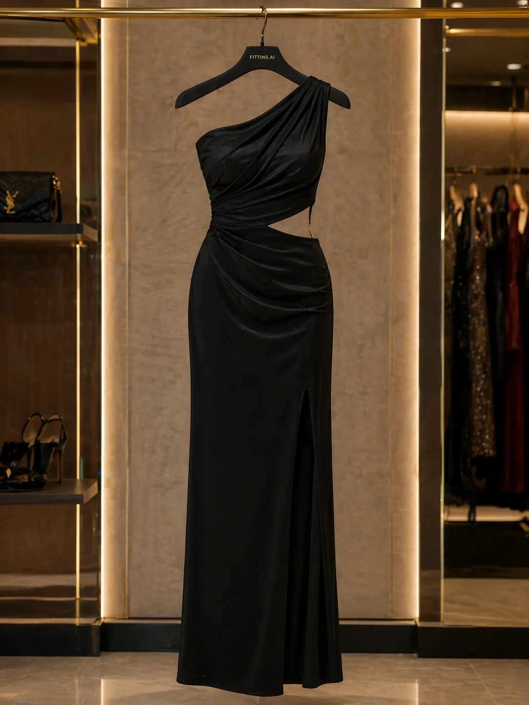 A luxurious black evening gown hanging on a black hanger with "FITTING.AI" text in white letters, displayed in an upscale retail boutique setting. The dress features a one-shoulder design with dramatic draping and a side cutout detail. The gown is floor-length with a side slit and is made of a flowing, matte black fabric. The background has warm beige walls with LED strip lighting creating a glowing effect along the edges. The boutique interior includes a glass display case with black high-heeled shoes visible on the left side, and other garments hanging on racks partially visible on the right side. The floor is polished light beige marble, and the overall lighting creates a warm, sophisticated ambiance with golden undertones. The dress is photographed straight-on against the illuminated wall, showing the full length of the garment from shoulder to floor.