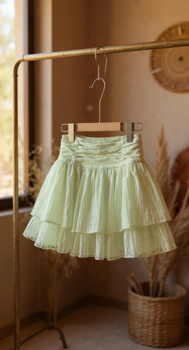 A soft, mint-green tulle skirt hanging on a brass clothing rack against a warm beige wall. The skirt features three tiers of delicate tulle layers with gathered ruching at the waist. The fabric has a subtle sheen and texture characteristic of tulle material. In the background, there is a woven circular wall decoration partially visible on the right side. A brown woven basket sits on the floor, containing dried pampas grass that is slightly out of focus. Natural light streams in from a window on the left side of the frame, creating a soft, warm ambiance. The image has a shallow depth of field, with the skirt in sharp focus while the background elements are slightly blurred.