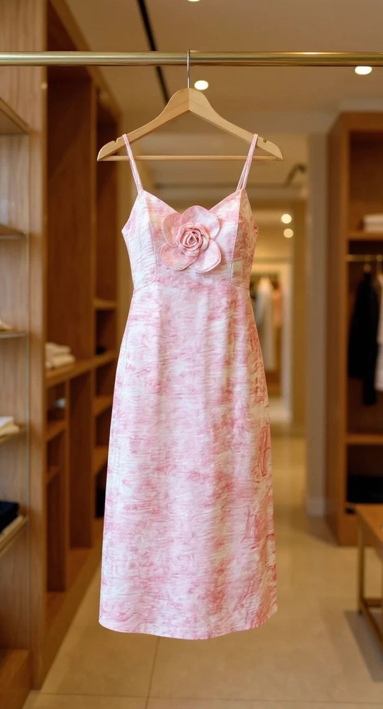 A pink cocktail dress hanging on a wooden hanger in a retail clothing store. The dress features a sweetheart neckline with thin spaghetti straps and a fitted bodice with a large pink rose embellishment at the center. The skirt portion is knee-length with a subtle watercolor-style pattern in varying shades of pink and white. The dress is made of a lightweight, textured fabric. The background shows a retail store interior with wooden shelving units on the left side and recessed lighting in the ceiling. The flooring is light-colored tile. The image has a shallow depth of field, with the dress in sharp focus and the background slightly blurred. The lighting is warm and even, creating soft shadows beneath the dress on the hanger.