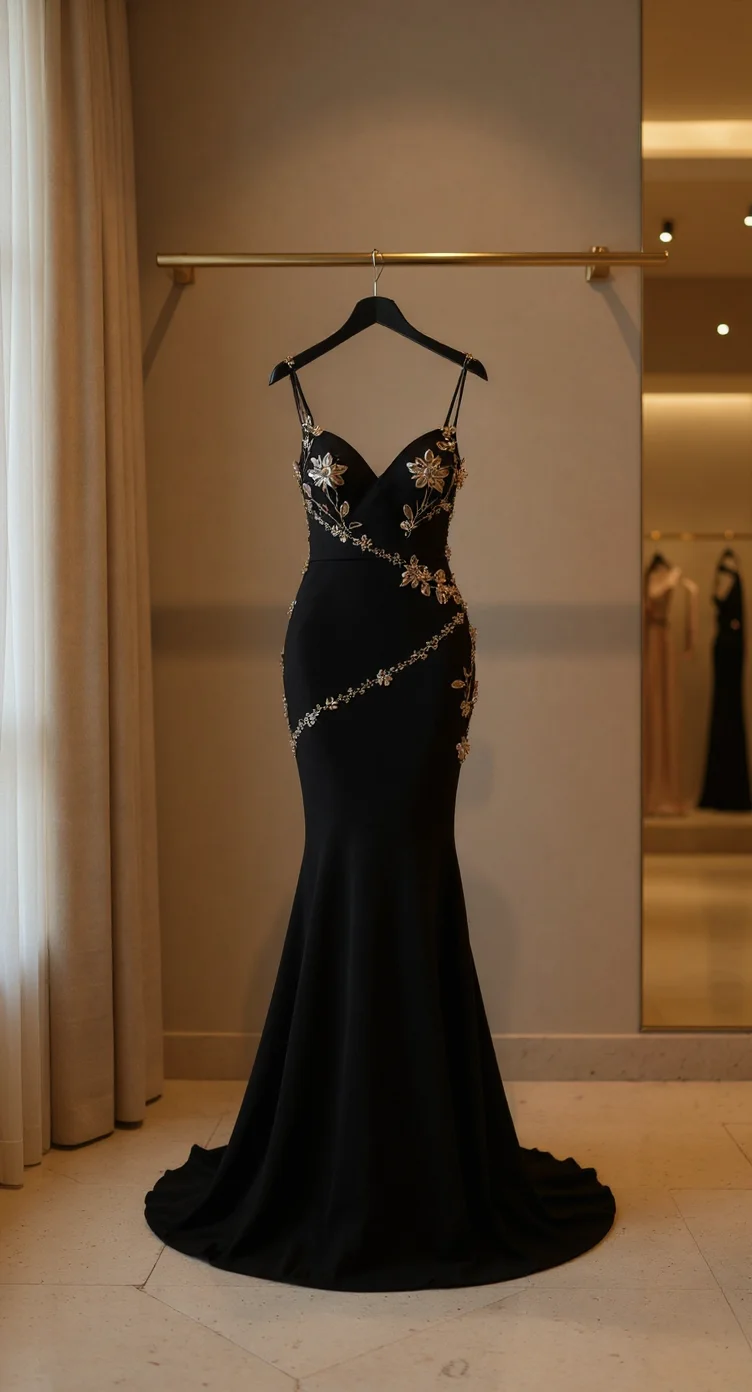 A luxurious black evening gown hanging on a black velvet hanger against a beige wall. The dress features a form-fitting mermaid silhouette with a dramatic train that extends to the floor. The bodice has delicate silver and gold floral appliques and beading that create an intricate pattern across the sweetheart neckline and down the diagonal side. The dress is made of a sleek, flowing black fabric that creates elegant draping from the hip to the floor. A cream-colored curtain is visible on the left side of the frame, and the background shows a retail store setting with recessed lighting visible in the ceiling. The floor is polished and reflects subtle light. The dress has thin spaghetti straps and extends beyond the frame widthwise, suggesting a full, dramatic train that would sweep across the floor.