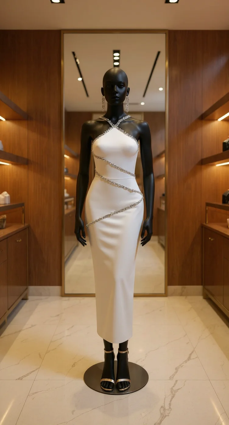 A high-end fashion display featuring a black mannequin wearing a form-fitting white midi dress with diagonal crystal embellishments. The dress has a halter neckline and a fitted silhouette with crystal bands wrapping around the waist and hips. The mannequin stands on a black circular base in a luxurious retail space. The background features warm wood-paneled walls with recessed lighting and built-in shelving. The floor is polished white marble with subtle veining patterns. The lighting is warm and creates a sophisticated ambiance with spotlights visible in the ceiling reflection. The mannequin is accessorized with long dangling crystal earrings and black strappy high-heeled sandals. The overall composition is centered and symmetrical, photographed in a retail boutique setting.