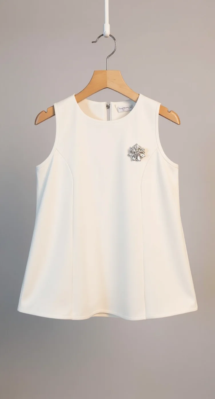 A white sleeveless dress hanging on a wooden hanger against a light gray background. The dress has a round neckline, a zipper closure at the back, and a small decorative brooch with a silver star design pinned to the left side of the chest. The dress has a fitted bodice and a flared skirt portion that creates a peplum effect at the waist. The fabric is a crisp, structured material with a matte finish. The wooden hanger has a natural finish and curved shoulders designed to hold the dress shape. The image is well-lit with soft, even lighting that creates subtle shadows beneath the dress on the gray surface.