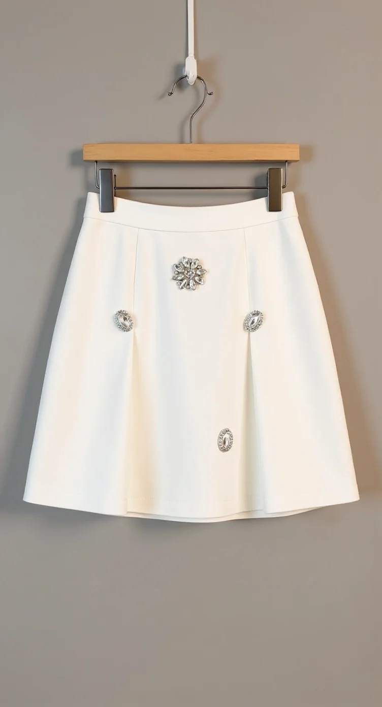 A white A-line mini skirt hanging on a wooden hanger against a plain light gray wall. The skirt features decorative crystal embellishments in a floral pattern across the front - a large flower brooch at the waist and smaller circular crystals positioned strategically across the skirt. The skirt has a clean, structured silhouette with a high waist and knee-length hem. The fabric is a crisp white material with a subtle sheen. The wooden hanger has a natural finish and metal clips on the ends. The image is shot in a minimalist setting with soft, even lighting that highlights the sparkle of the crystal details against the pure white fabric.
